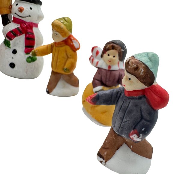 Lemax Set 7 Hand-Painted Ceramic Christmas Figurines With Snowman & Kids Playing - Picture 5 of 7